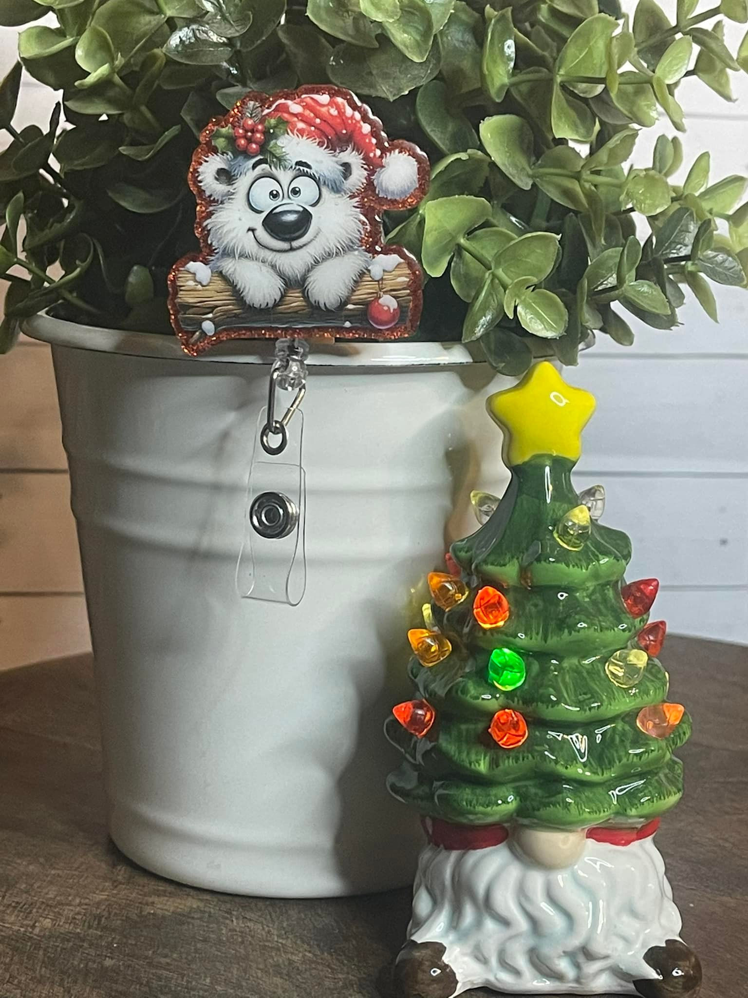 Christmas-themed badge reel with a cute polar bear wearing a red Santa hat