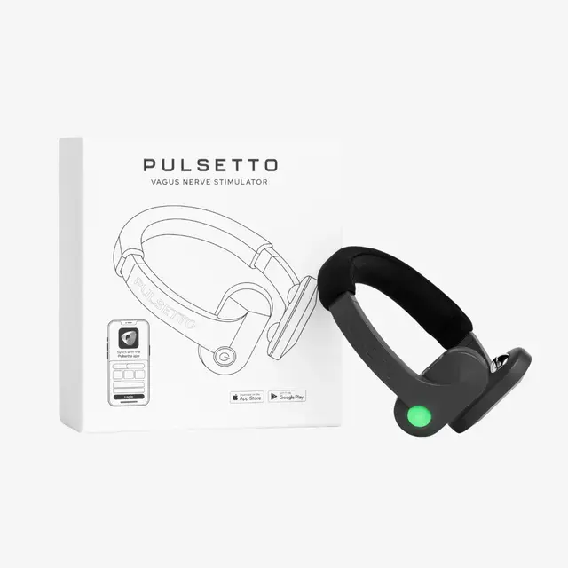 Pulsetto wearable vagus nerve stimulation device shown with product box and smartphone app illustration.