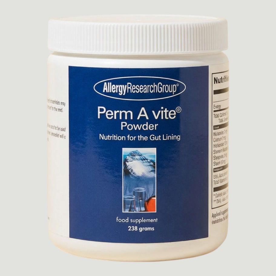 Allergy Research Group Perm A Vite powder supplement tub designed for use within gut health support routines.