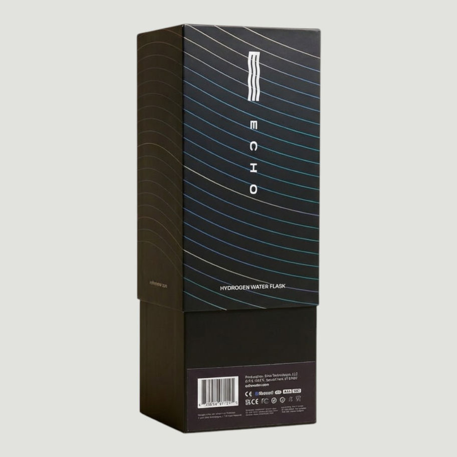 ECHO hydrogen water flask packaging, a refined water flask designed to generate hydrogen-rich water for high-performance hydr