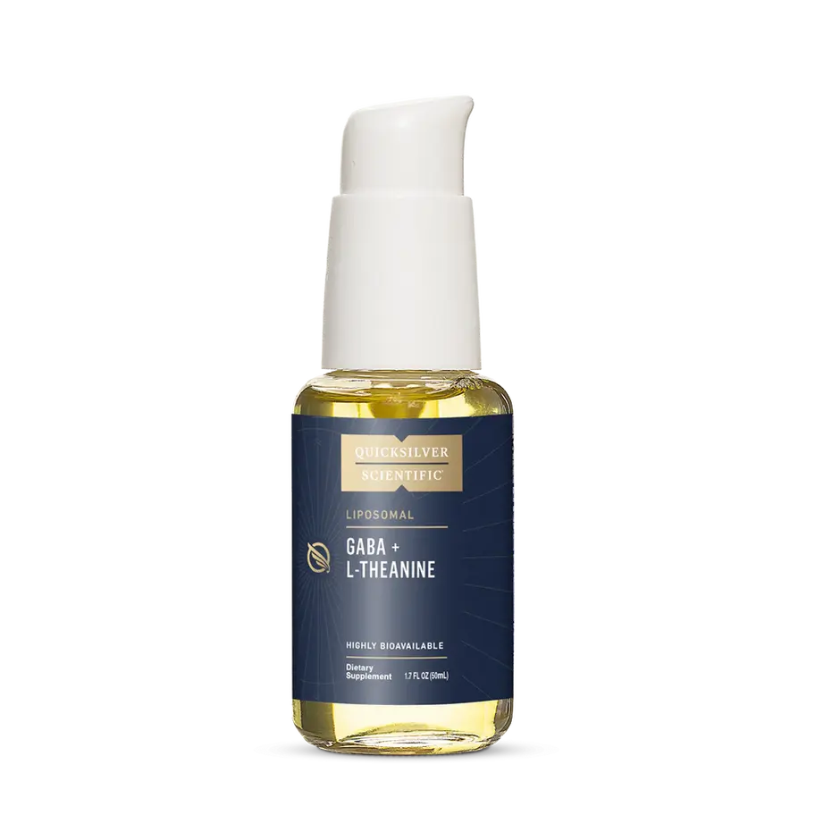 Quicksilver Scientific GABA + L-Theanine liposomal liquid supplement supporting nervous system regulation & calm focus.