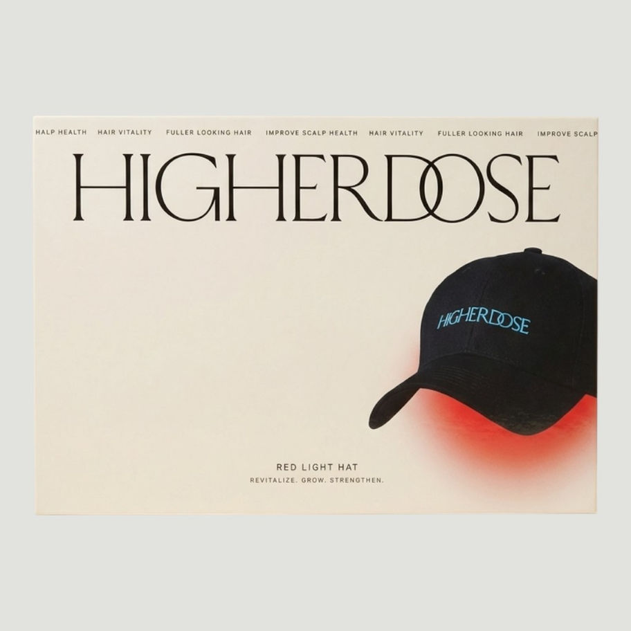 HigherDOSE red light therapy cap displayed on a neutral background, designed to sit comfortably on the head.