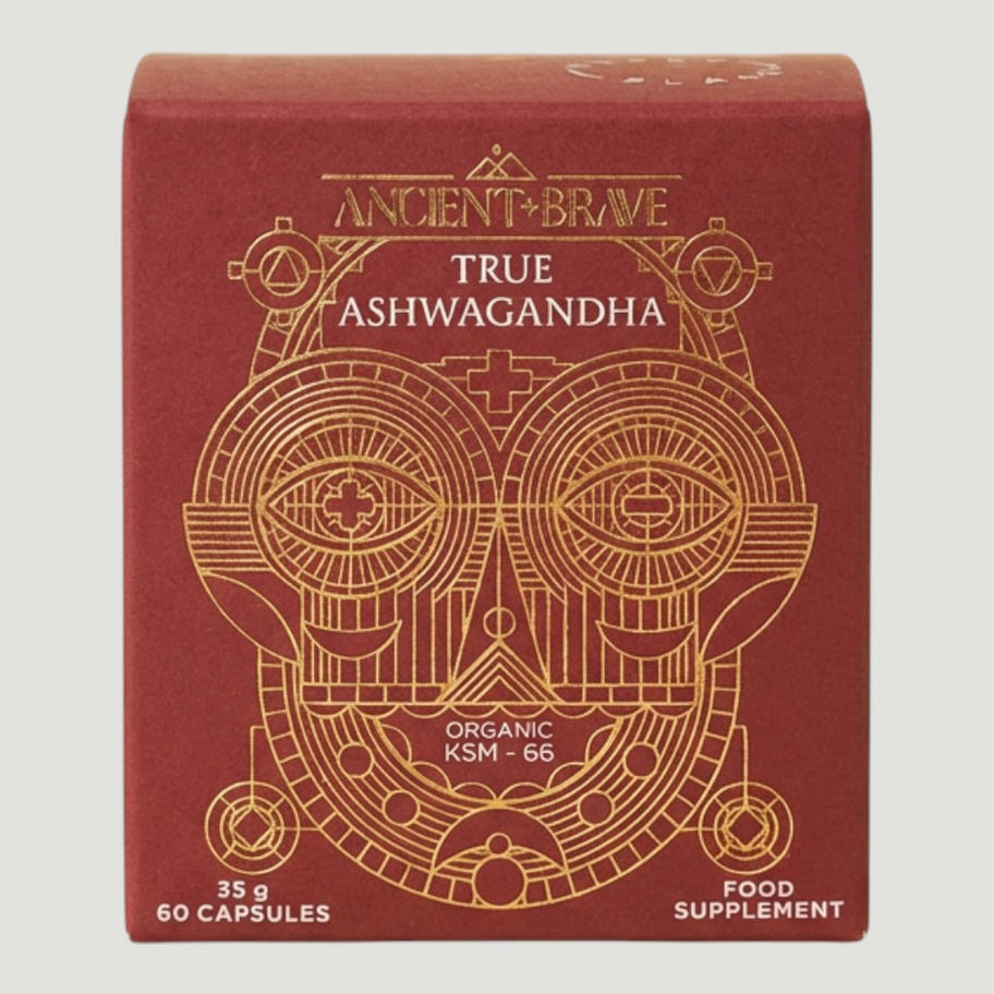 ANCIEN+BRAVE True Ashwagandha supplement box featuring organic KSM-66®, commonly used to support stress balance & sleep.