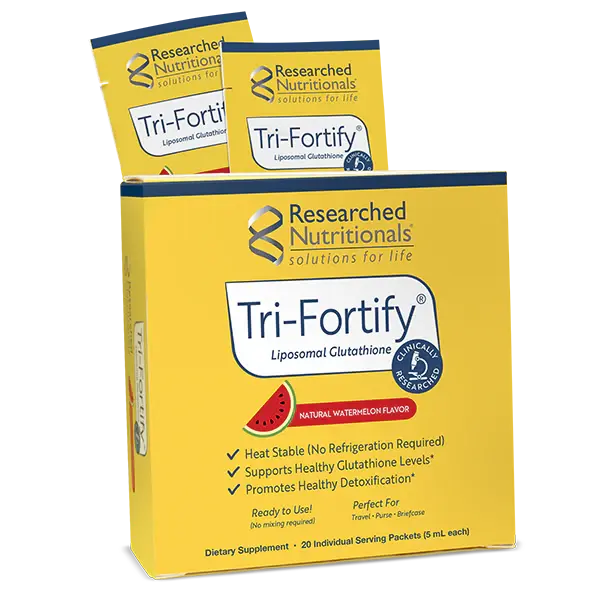 Researched Nutritionals Tri-Fortify liposomal glutathione sachets, formulated for enhanced cellular absorption.