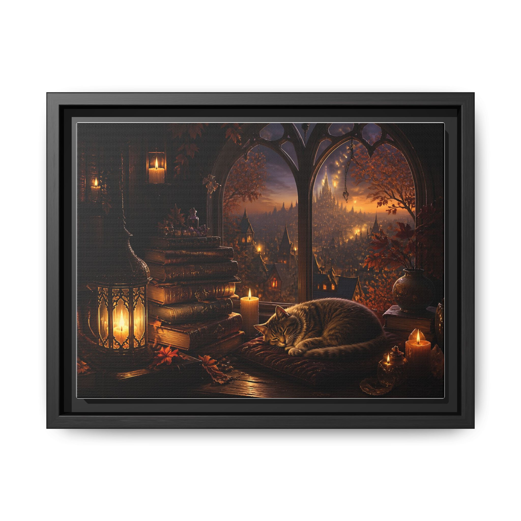 Framed Canvas Wall Art – Cozy Gothic Library with Sleeping Cat and Candlelight