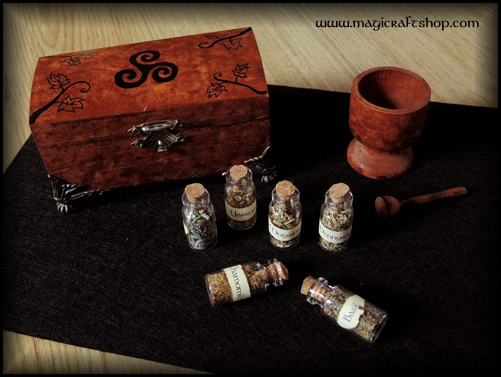 Herbs kit for beginners with wooden mortar and pestle and six glass bottles