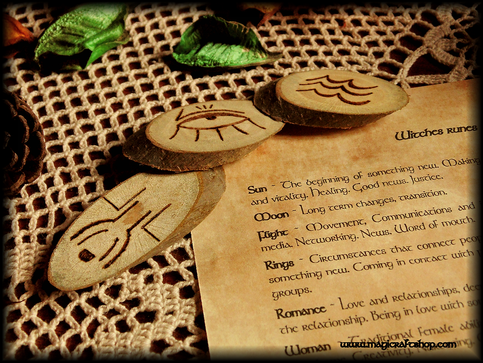 Thumbnail: Set of WITCHES RUNES with divination bag and paper meaning