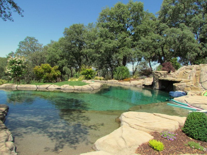 Beautiful saltwater swimming hole pool with handcrafted natural rock waterfalls, crystal-clear water, and custom landscaping in Northern California.