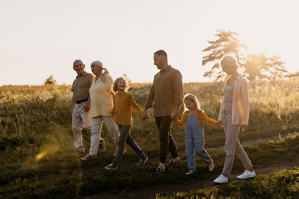 Family of six walking hand in hand in a sunlit field, wearing casual clothes. The scene is serene, with warm sunlight and an open sky.