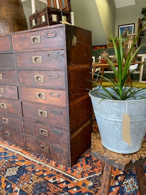 Thumbnail: Stunning Antique Industrial Bank of Mahogany Drawers - Great colour & Patina