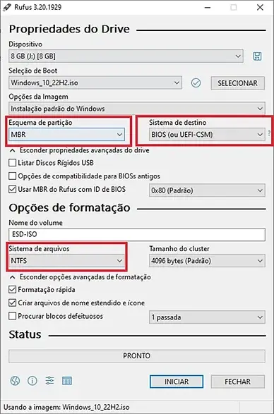 Configuração do Rufus