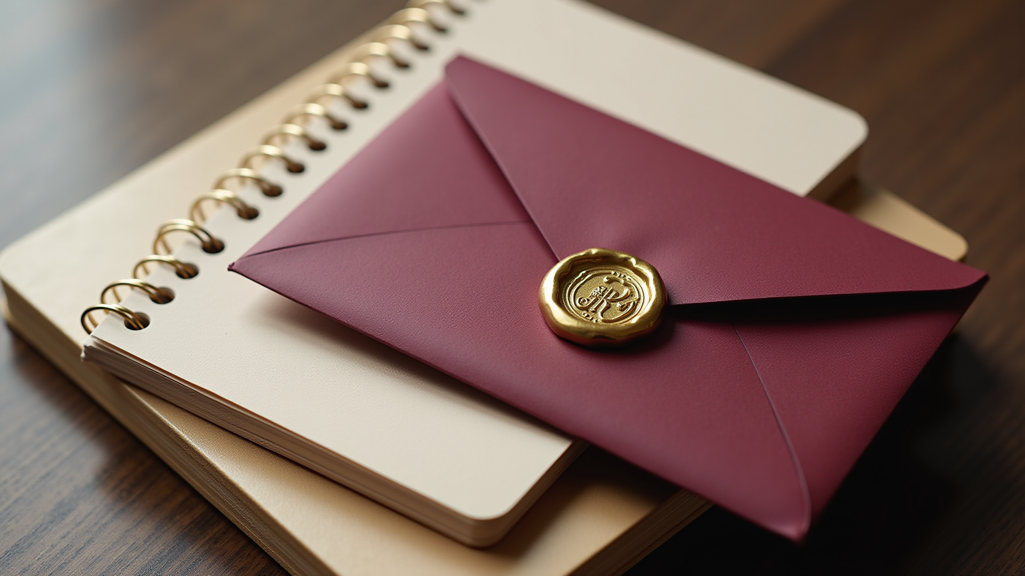Burgundy envelope with gold wax seal on notebook