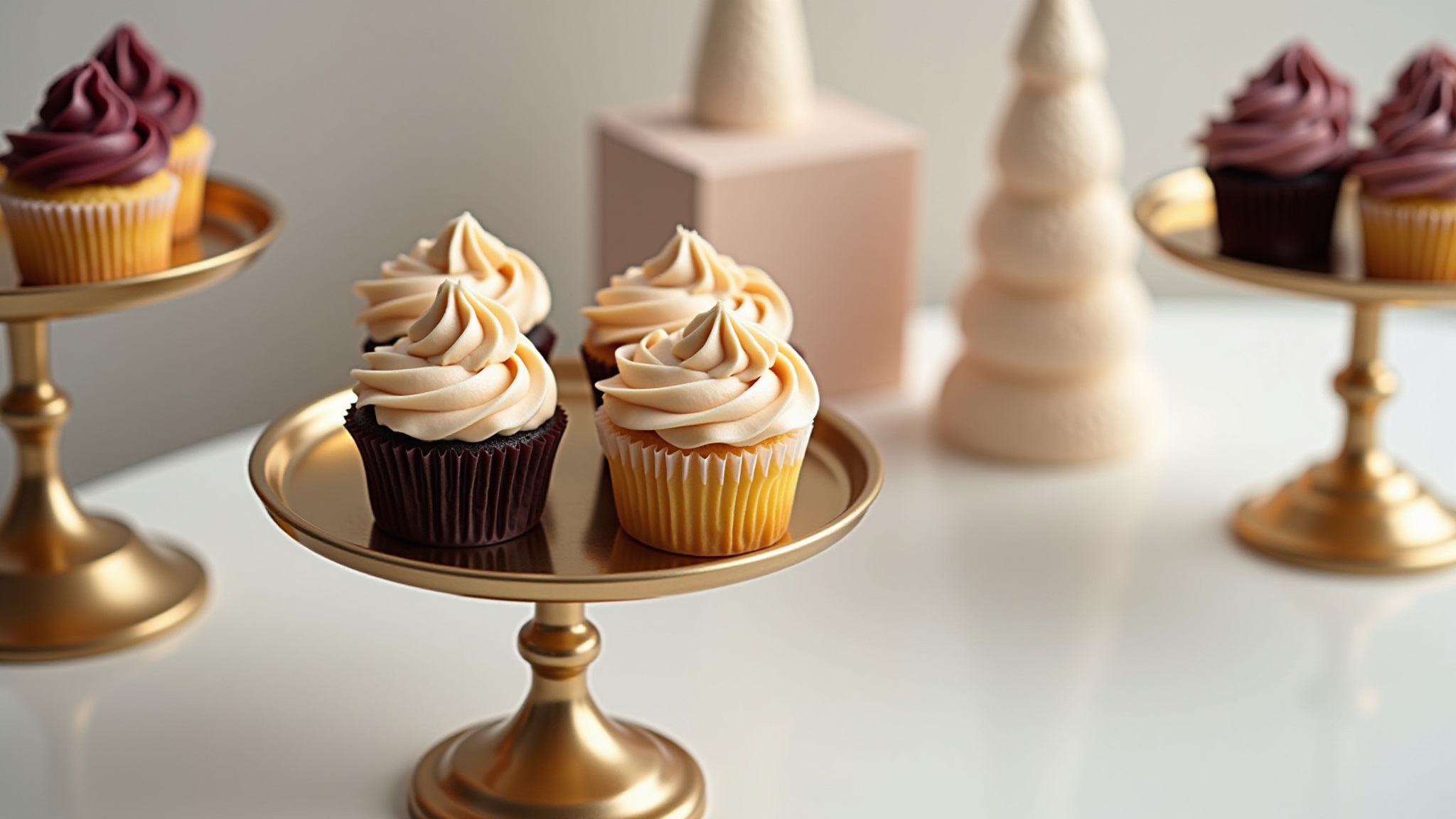 Three cupcakes with creamy frosting on gold stand