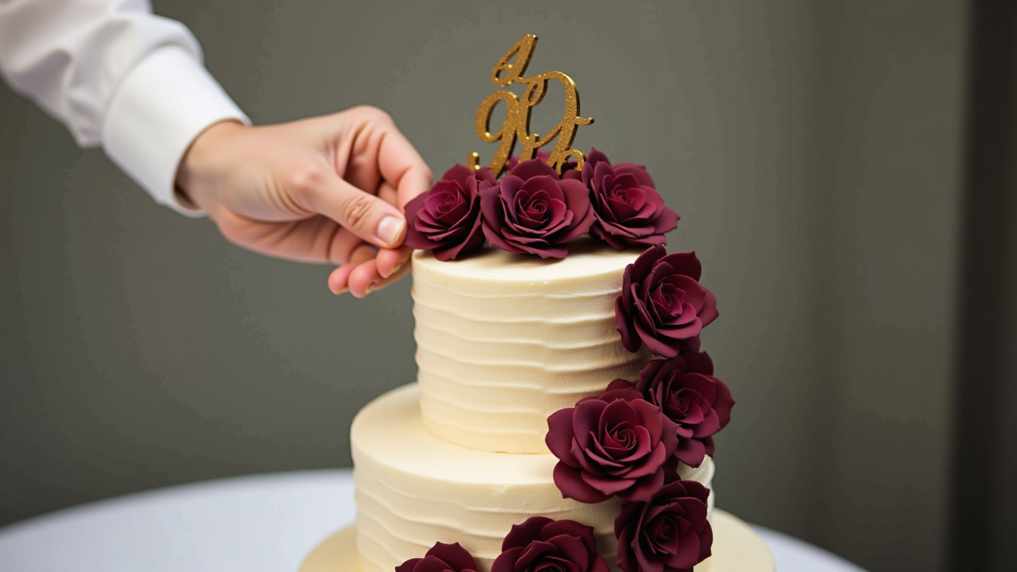Hand placing 40th anniversary cake topper