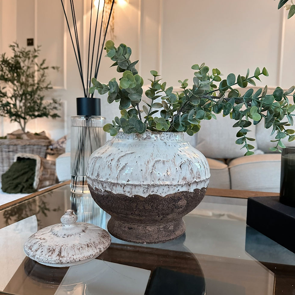 Thumbnail: Aged Cream Terracotta Pot with Lid styled with some eucalyptus stems.