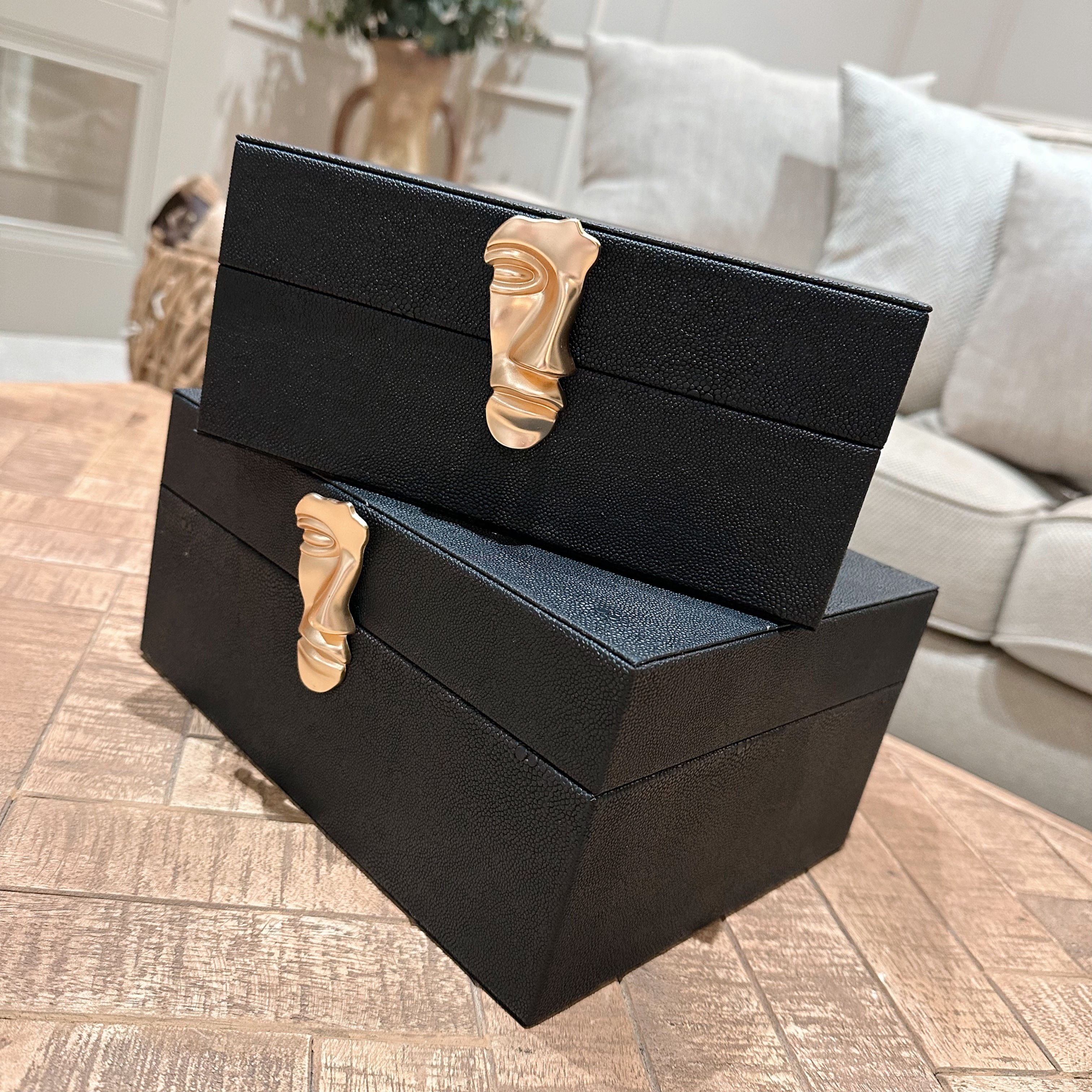 Black Faux Litchi Boxes with Matte Gold Face (2 Set)
