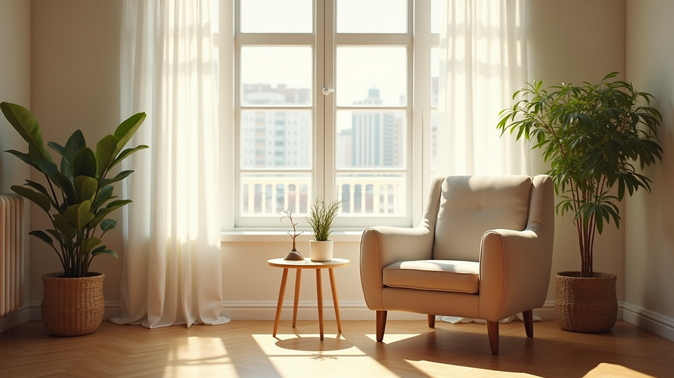 Eye-level view of a cozy, sunlit room with a comfortable chair and a small table with a plant