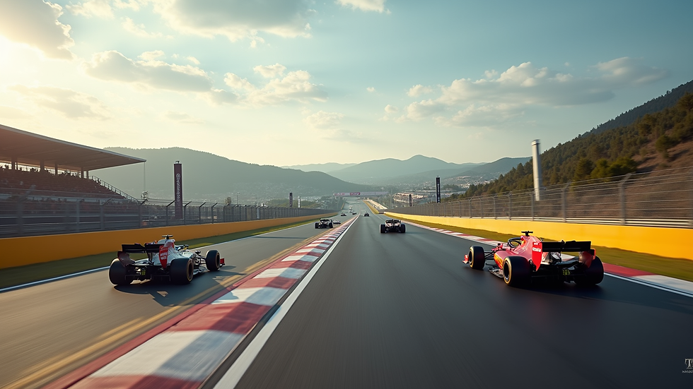 Vista panorámica de un circuito de Fórmula 1 con autos en carrera