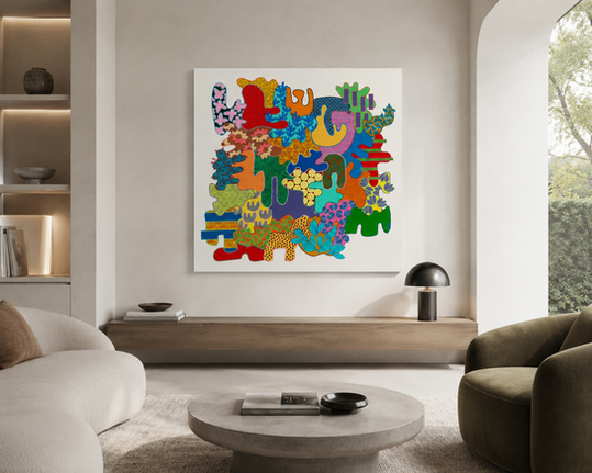 Tahia – œuvre contemporaine abstraite de Corinne Maussang, peinture originale acrylique sur toile 100 × 100 cm, présentée par la galerie Art by Céline.

Tahia – original contemporary abstract painting by Corinne Maussang, acrylic on canvas, 100 × 100 cm, presented by Art by Céline Gallery.