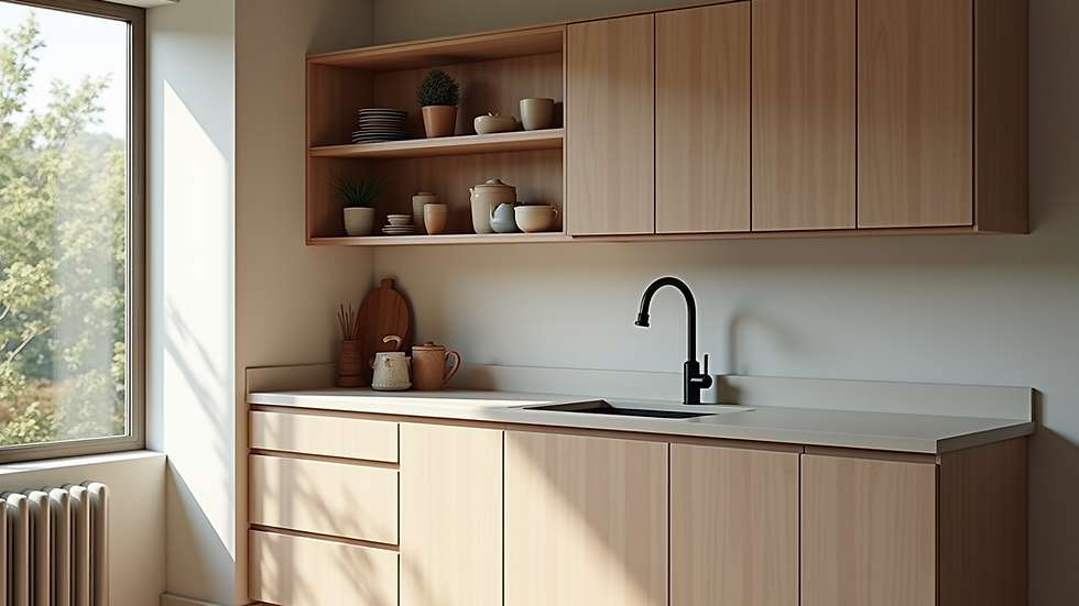 Close-up view of kitchen cabinetry with a mix of open shelves and closed cabinets