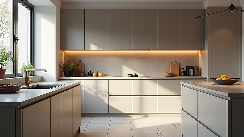 Eye-level view of a modern kitchen with custom cabinets