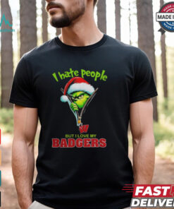 Grinch Santa Hat I Hate People But I Love My Wisconsin Badgers Christmas Logo Shirt