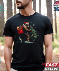 Bigfoot Christmas Tree Lights Xmas Boys Men Sasquatch Lovers Shirt Recovered