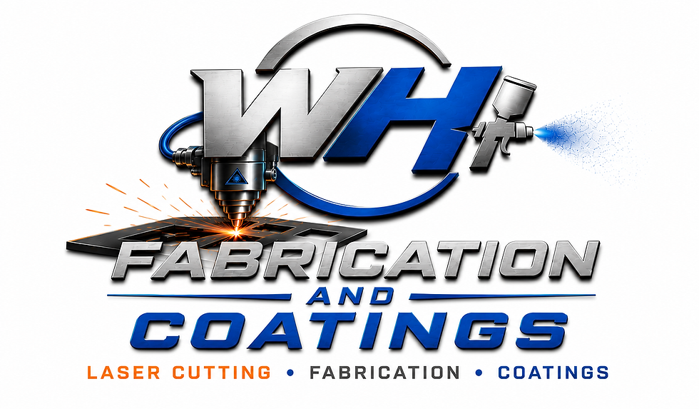 Logo for WH Fabrication and Coatings with metallic text and icons for laser cutting and spray coating