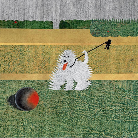 Andre Derainne art of a spiky white dog holding a leash beside a dark spherical ball on a textured green lawn garden.