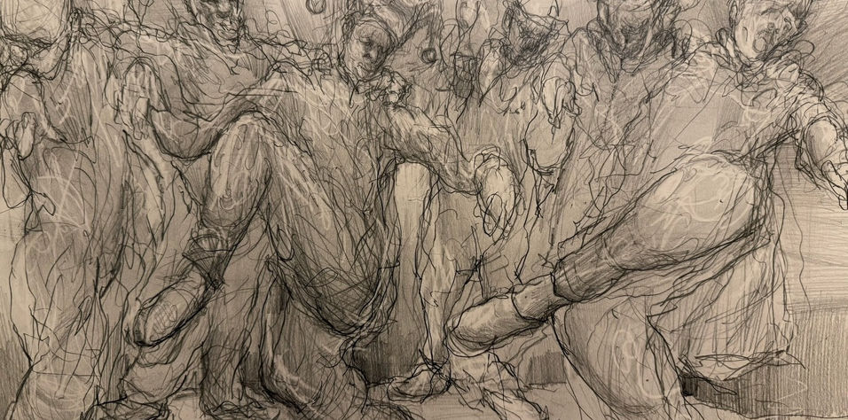 Detailed Misha Bart pencil sketch depicting lively dancing figures and jesters in dynamic, fluid motion.