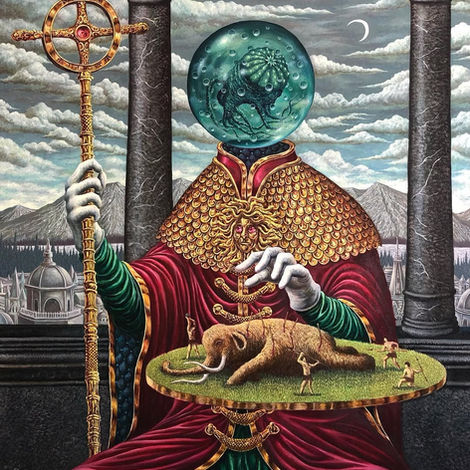 Surrealist painting by Yui Sakamoto of a king with a fishbowl head holding a platter with a hunted miniature mammoth.
