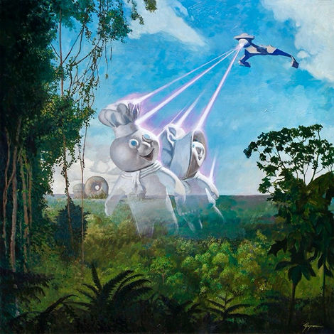 Eric Joyner art of two giant Pillsbury doughboys under pink tractor beams from a UFO flying over a green forest.