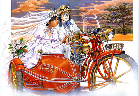 Anime wedding art by Yoshiyuki Sadamoto featuring Nadia and Jean riding a vintage red motorcycle with a sidecar.