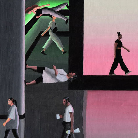 Andre Derainne art of diverse modern people walking in conflicting gravity angles inside a pink and green urban space.