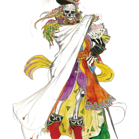 Painting by Yoshitaka Amano of a skull-faced figure in a white cape, plumed hat, red boots, and bright silks with a fan.