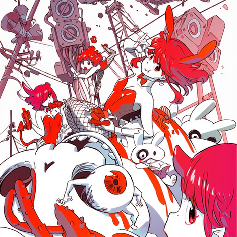 Dynamic red and white anime art by Sushio featuring bunny girls, stylized monsters, and giant eyeballs on a skull.