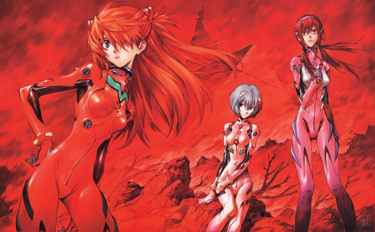 Neon Genesis Evangelion art by Yoshiyuki Sadamoto featuring Asuka, Rei, and Mari in plugsuits against a red sky.