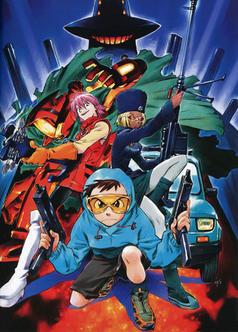 Classic anime poster by Yoshiyuki Sadamoto for FLCL featuring Haruko, Naota, and retro weapons with a car.