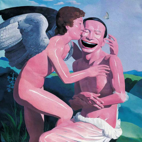Yue Minjun mythological painting depicting a winged angel caressing a laughing pink man in a landscape.
