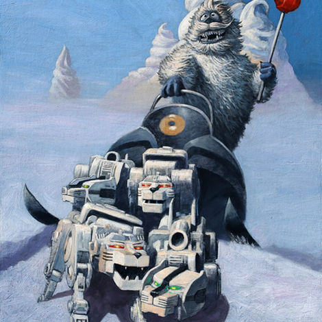 Eric Joyner art of a furry white monster in a bobsled pulled by mechanical robot lions on a snowy mountainside.