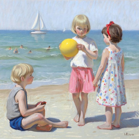 lena rivo art of three young children playing with yellow beach ball on sunny ocean coast with distant white sailboat.