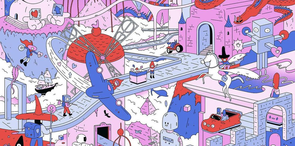 Tom Dearie artwork of a dense pastel utopian land with a pink castle red dragon robots volcano and flying vehicles.