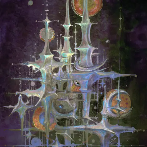 jesperish illustration of iridescent spiky metallic structures with glowing celestial orbs on dark purple and green background.