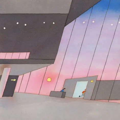 Andre Derainne artwork of a person running into a modern glass building under a dramatic pink sunset sky with sun.