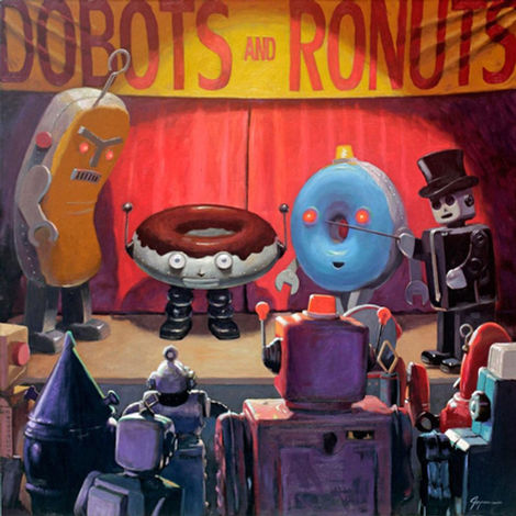 Eric Joyner art of a top hat robot presenting chocolate and blue donuts on a red stage to an audience of robots.