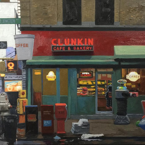 Eric Joyner art of retro tin robots standing outside a lit Clunkin cafe on a city street corner at rainy dusk.
