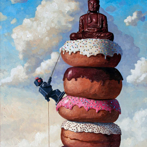 Eric Joyner art of a tiny blue robot climbing a giant stack of glazed donuts topped with a bronze Buddha statue.