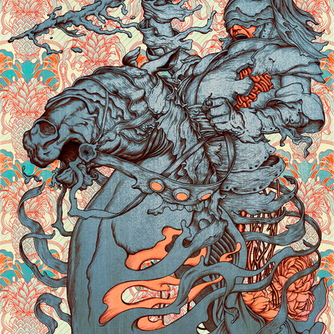 Painting by James Jean of a blue-gray rider and horse opening into roots and flame, a jagged staff raised, on a repeating red and turquoise floral ground.