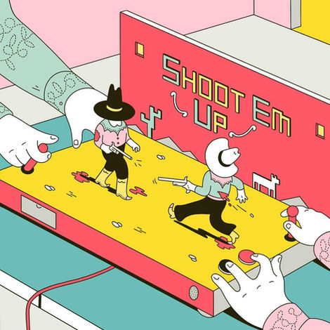 Tom Dearie painting of cartoon hands playing a retro Shoot Em Up arcade game console with two pastel cowboy figures.