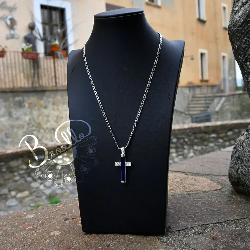 Miniaturbild: COLLANA IN ARGENTO CIONDOLO CROCE CON PIETRA VINCENZO LINARDI MAESTRO ORAFO FATTA A MANO